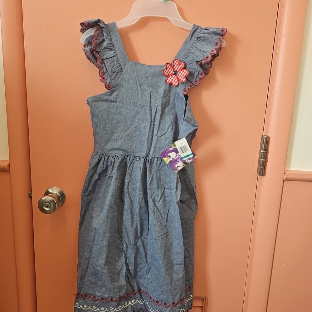 NWT Girls Blueberi Boulevard Size 16 Denim Dress Red & White Scallop Trim
